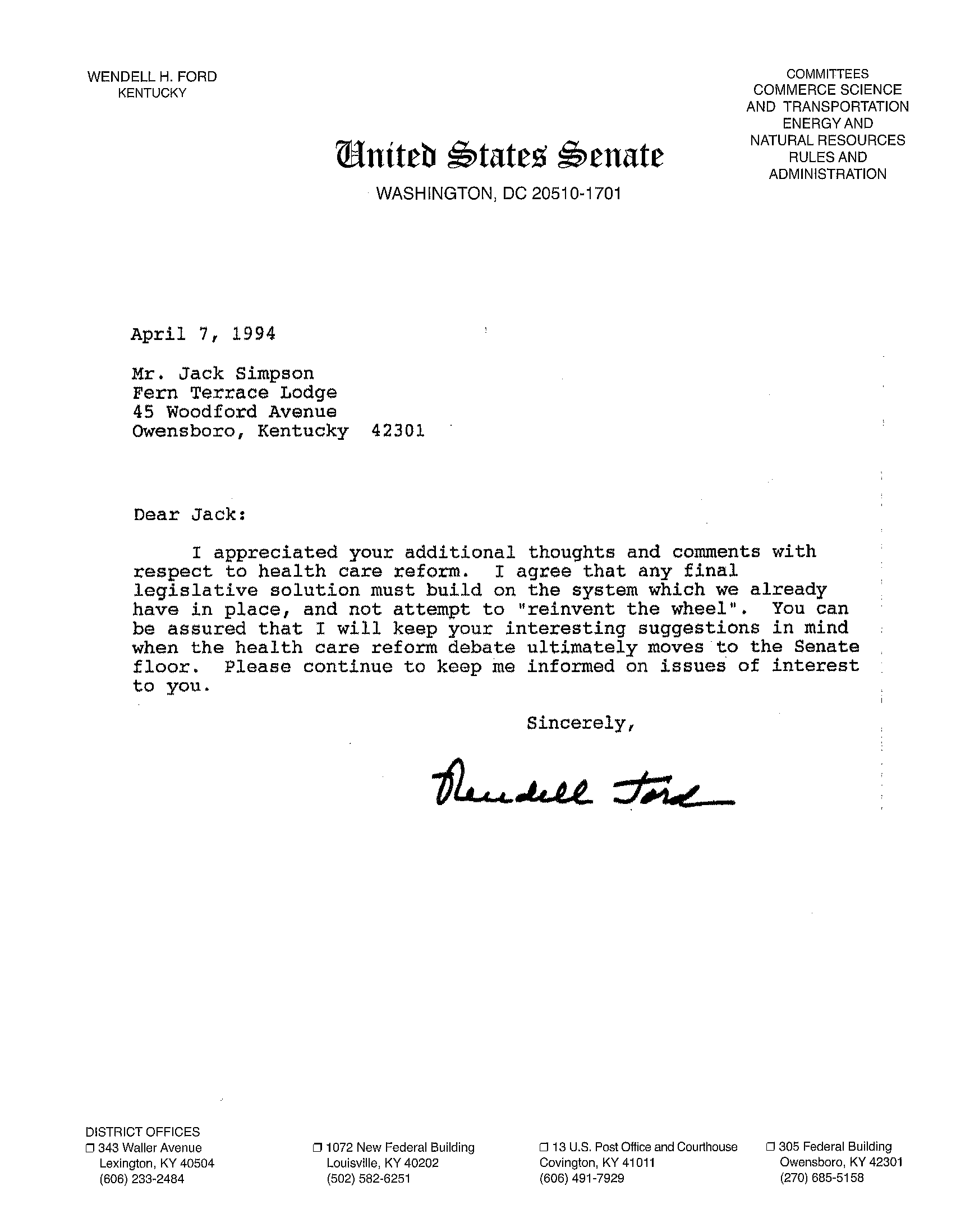 Letter from Senator Ford
